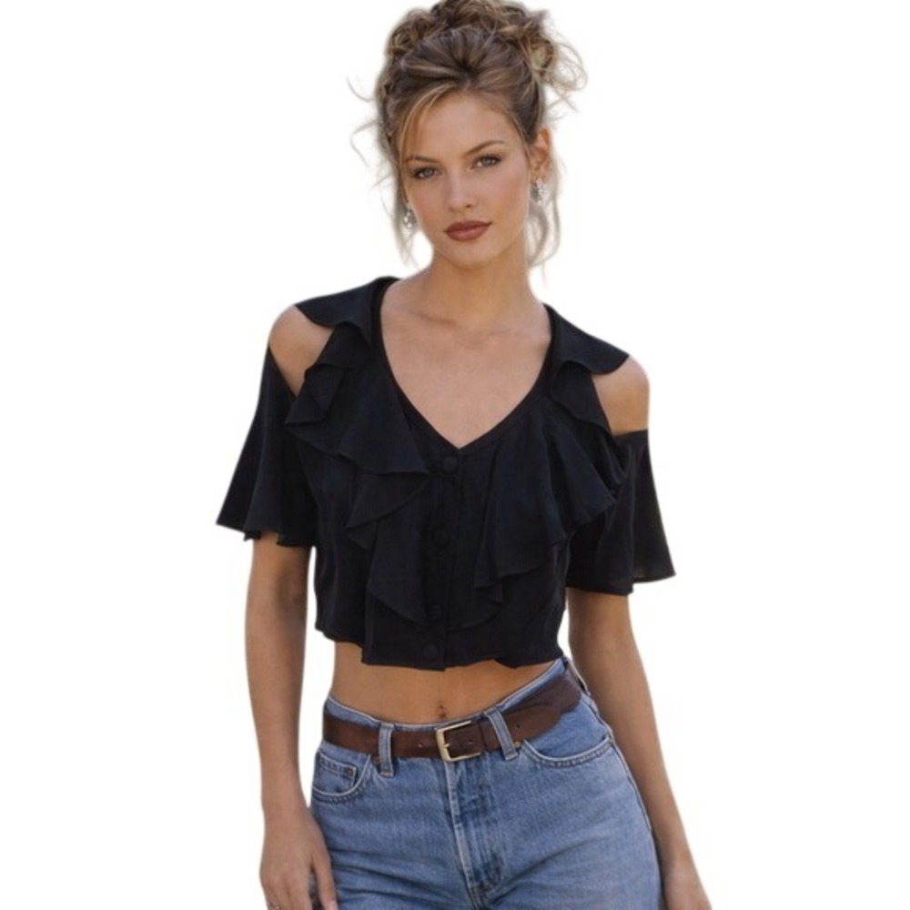 2XS‎ Vintage 90s Black Cold Shoulder Ruffle Crop Top Button Front Blouse Large